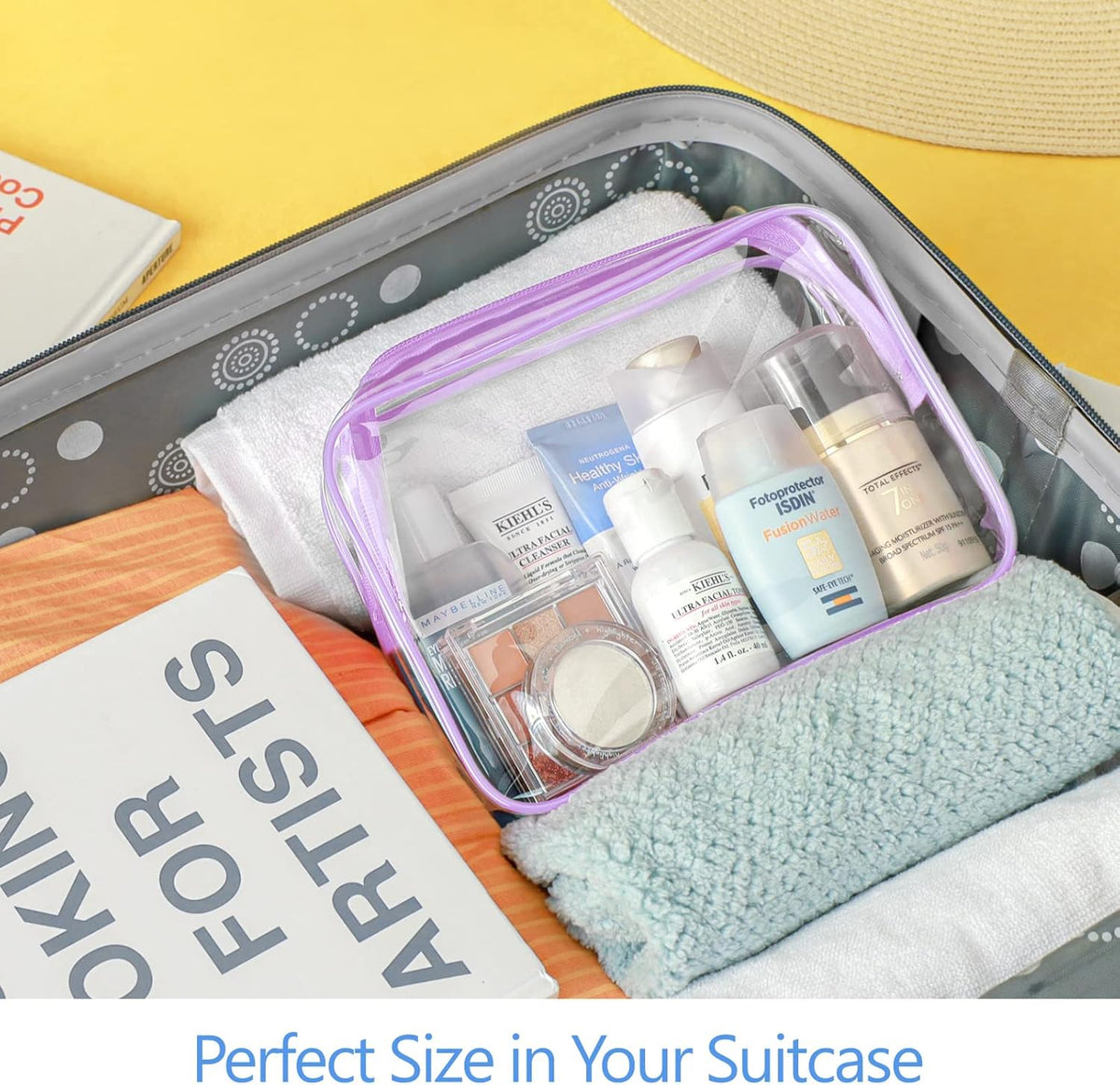 Clear Makeup Bag Travel - TSA Approved Toiletry Bag, 2 Rose Pink | 1 Medium Quart Carry-On & 1 Large Checked-Luggage, Reinforced Seams, Water-resistant, Clear Easy-Check for Airport, Women