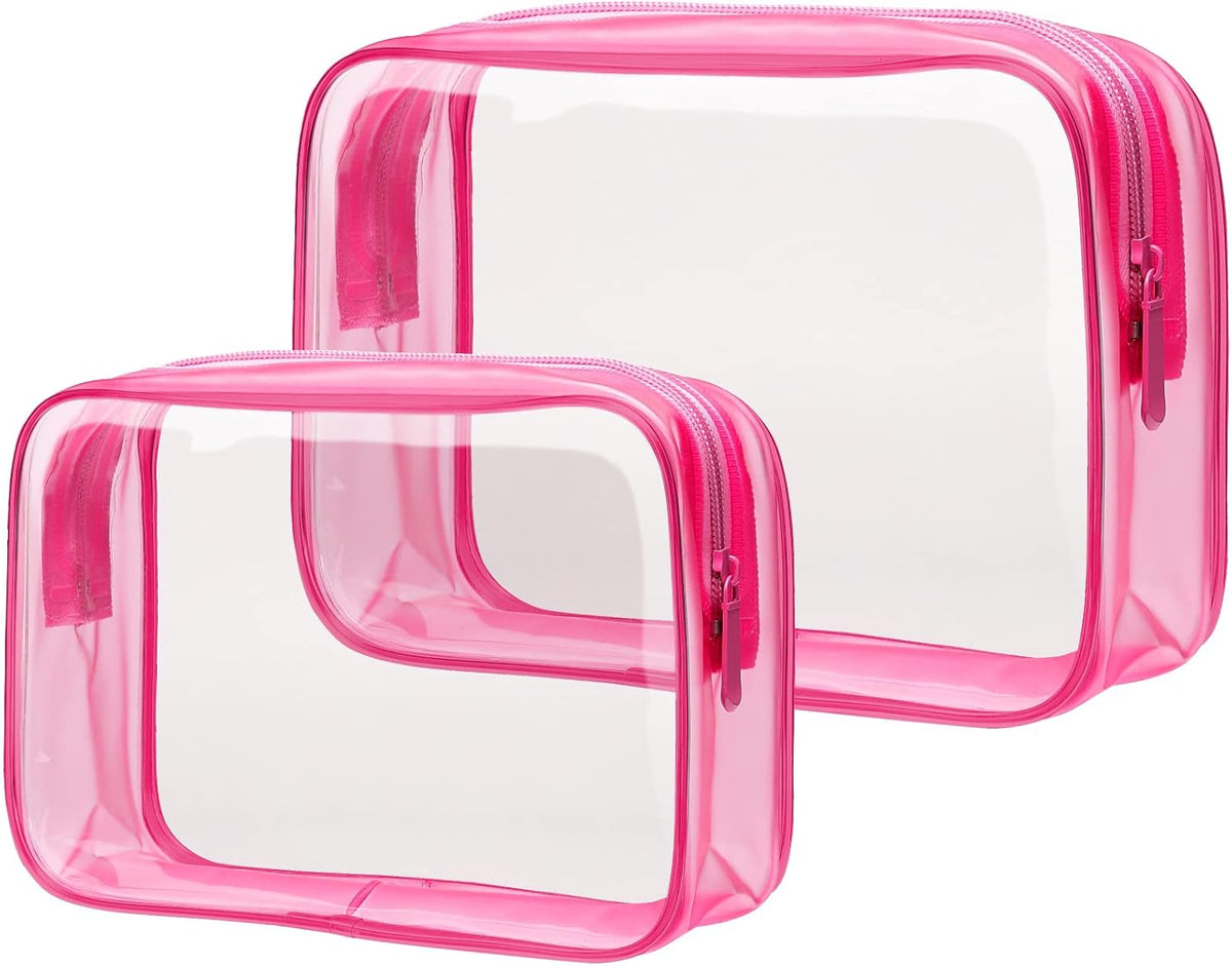Clear Makeup Bag Travel - TSA Approved Toiletry Bag, 2 Rose Pink | 1 Medium Quart Carry-On & 1 Large Checked-Luggage, Reinforced Seams, Water-resistant, Clear Easy-Check for Airport, Women