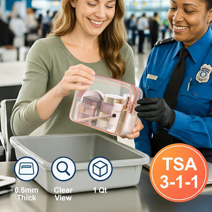 Clear Makeup Bag Travel - TSA Approved Toiletry Bag, 2 Rose Pink | 1 Medium Quart Carry-On & 1 Large Checked-Luggage, Reinforced Seams, Water-resistant, Clear Easy-Check for Airport, Women