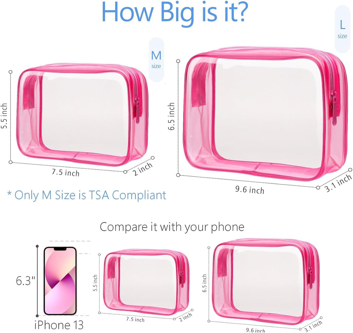 Clear Makeup Bag Travel - TSA Approved Toiletry Bag, 2 Rose Pink | 1 Medium Quart Carry-On & 1 Large Checked-Luggage, Reinforced Seams, Water-resistant, Clear Easy-Check for Airport, Women