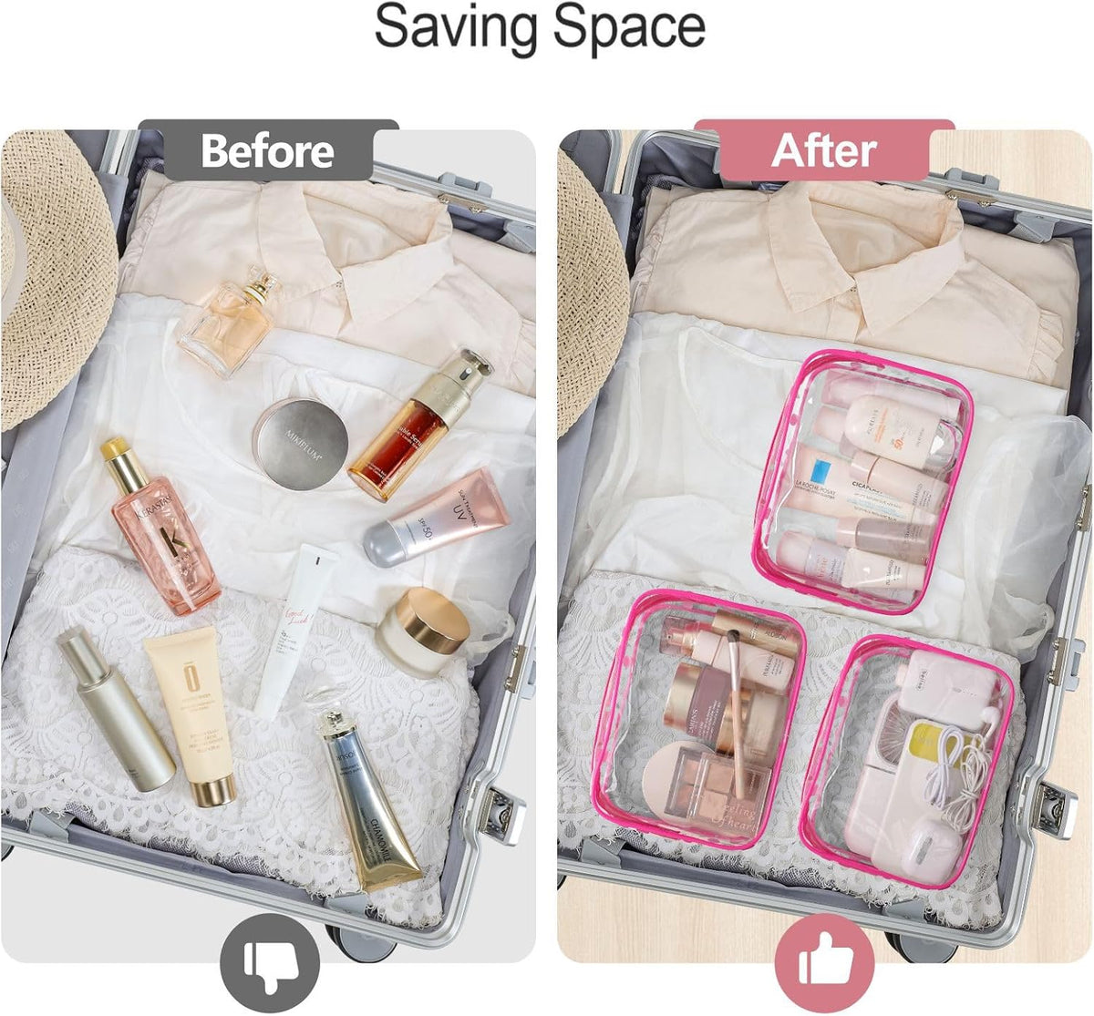 Clear Makeup Bag Travel - TSA Approved Toiletry Bag, 2 Rose Pink | 1 Medium Quart Carry-On & 1 Large Checked-Luggage, Reinforced Seams, Water-resistant, Clear Easy-Check for Airport, Women