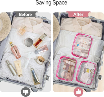 Clear Makeup Bag Travel - TSA Approved Toiletry Bag, 2 Rose Pink | 1 Medium Quart Carry-On & 1 Large Checked-Luggage, Reinforced Seams, Water-resistant, Clear Easy-Check for Airport, Women