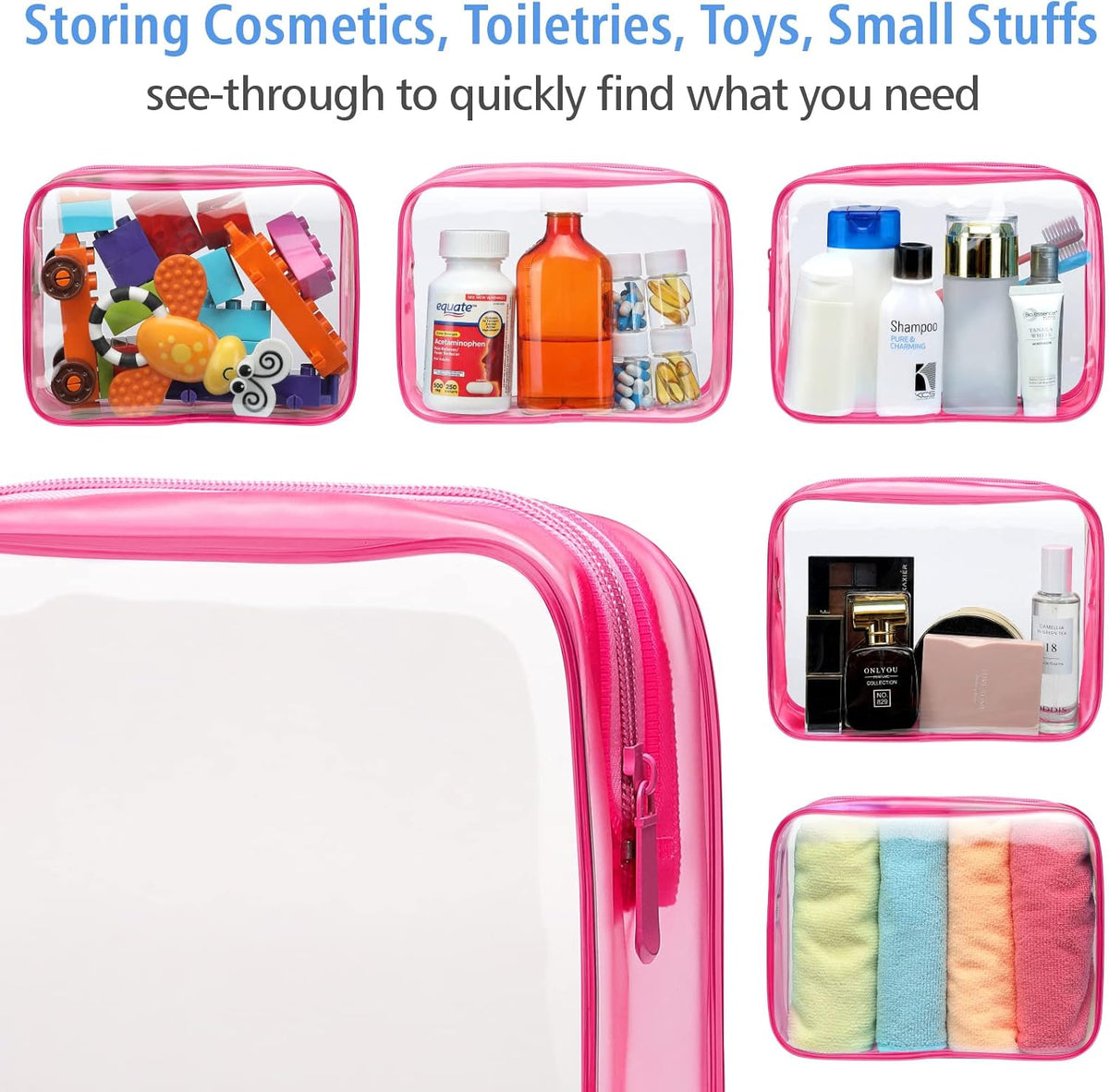 Clear Makeup Bag Travel - TSA Approved Toiletry Bag, 2 Rose Pink | 1 Medium Quart Carry-On & 1 Large Checked-Luggage, Reinforced Seams, Water-resistant, Clear Easy-Check for Airport, Women