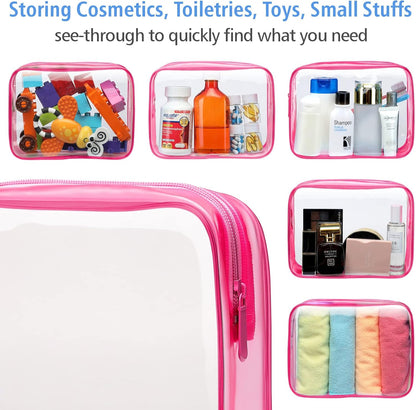 Clear Makeup Bag Travel - TSA Approved Toiletry Bag, 2 Rose Pink | 1 Medium Quart Carry-On & 1 Large Checked-Luggage, Reinforced Seams, Water-resistant, Clear Easy-Check for Airport, Women