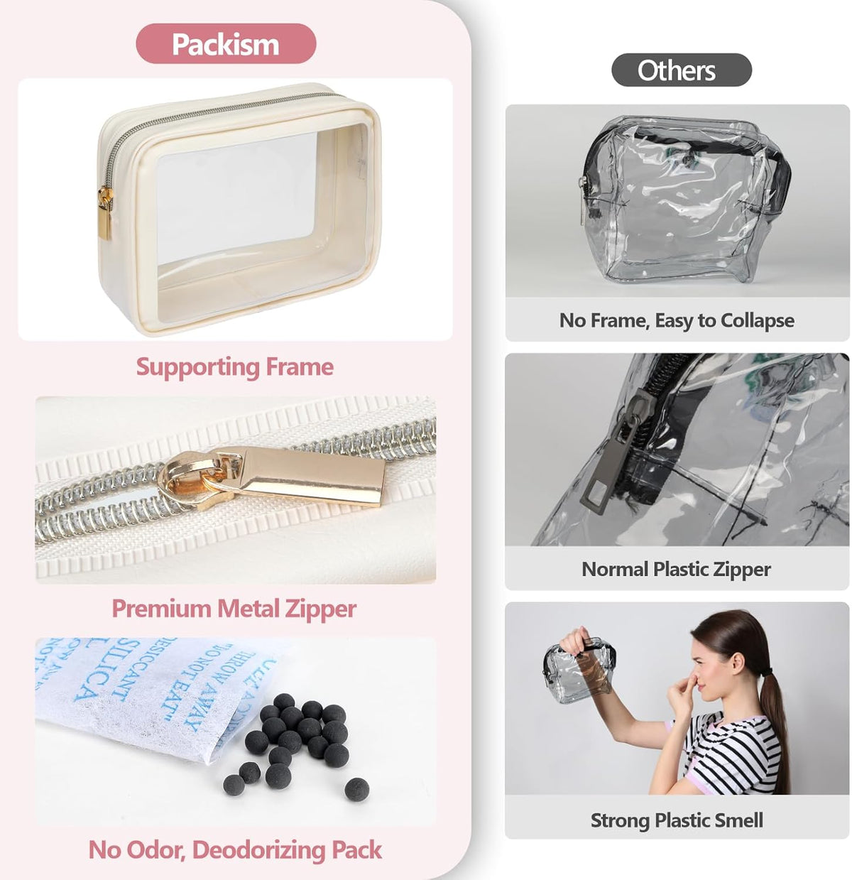 Clear Makeup Bag Travel - TSA Approved Toiletry Bag, 2 Rose Pink | 1 Medium Quart Carry-On & 1 Large Checked-Luggage, Reinforced Seams, Water-resistant, Clear Easy-Check for Airport, Women