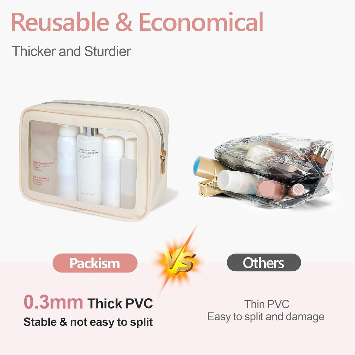 Clear Makeup Bag Travel - TSA Approved Toiletry Bag, 2 Rose Pink | 1 Medium Quart Carry-On & 1 Large Checked-Luggage, Reinforced Seams, Water-resistant, Clear Easy-Check for Airport, Women
