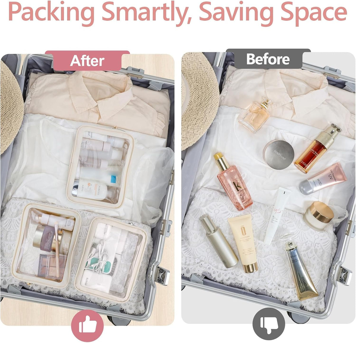 Clear Makeup Bag Travel - TSA Approved Toiletry Bag, 2 Rose Pink | 1 Medium Quart Carry-On & 1 Large Checked-Luggage, Reinforced Seams, Water-resistant, Clear Easy-Check for Airport, Women