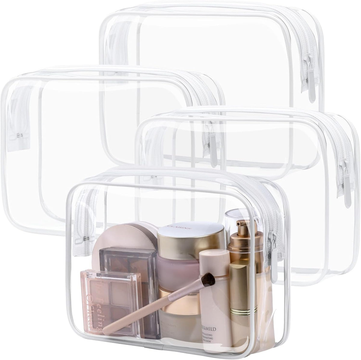 Clear Makeup Bag Travel - TSA Approved Toiletry Bag, 2 Rose Pink | 1 Medium Quart Carry-On & 1 Large Checked-Luggage, Reinforced Seams, Water-resistant, Clear Easy-Check for Airport, Women
