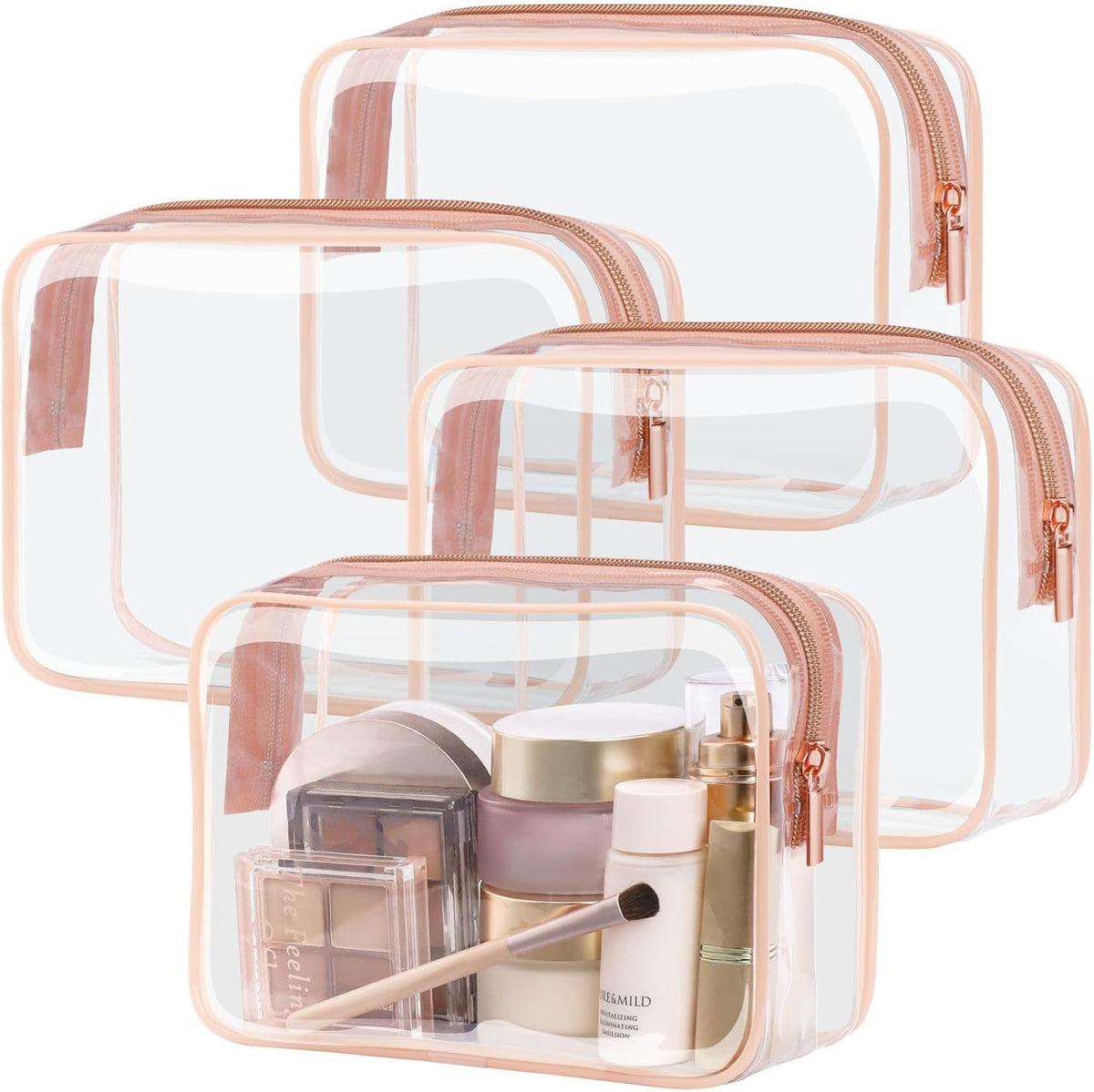 Clear Makeup Bag Travel - TSA Approved Toiletry Bag, 2 Rose Pink | 1 Medium Quart Carry-On & 1 Large Checked-Luggage, Reinforced Seams, Water-resistant, Clear Easy-Check for Airport, Women