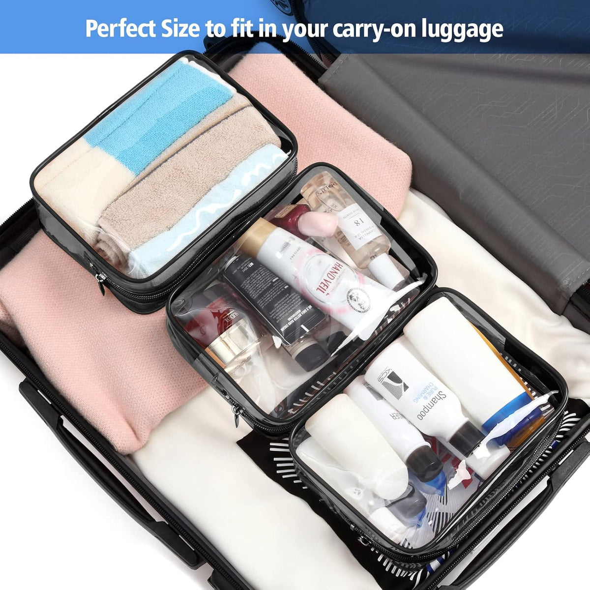 Clear Makeup Bag Travel - TSA Approved Toiletry Bag, 2 Rose Pink | 1 Medium Quart Carry-On & 1 Large Checked-Luggage, Reinforced Seams, Water-resistant, Clear Easy-Check for Airport, Women