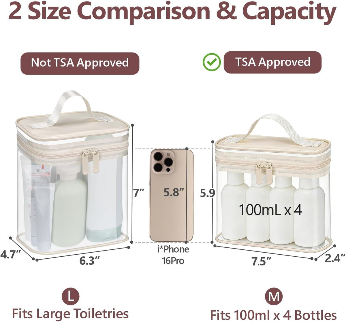 Clear Makeup Bag Travel - TSA Approved Toiletry Bag, 2 Rose Pink | 1 Medium Quart Carry-On & 1 Large Checked-Luggage, Reinforced Seams, Water-resistant, Clear Easy-Check for Airport, Women