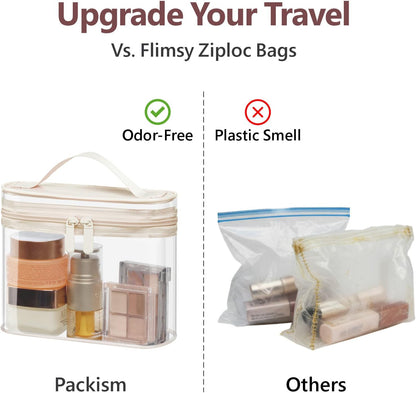 Clear Makeup Bag Travel - TSA Approved Toiletry Bag, 2 Rose Pink | 1 Medium Quart Carry-On & 1 Large Checked-Luggage, Reinforced Seams, Water-resistant, Clear Easy-Check for Airport, Women
