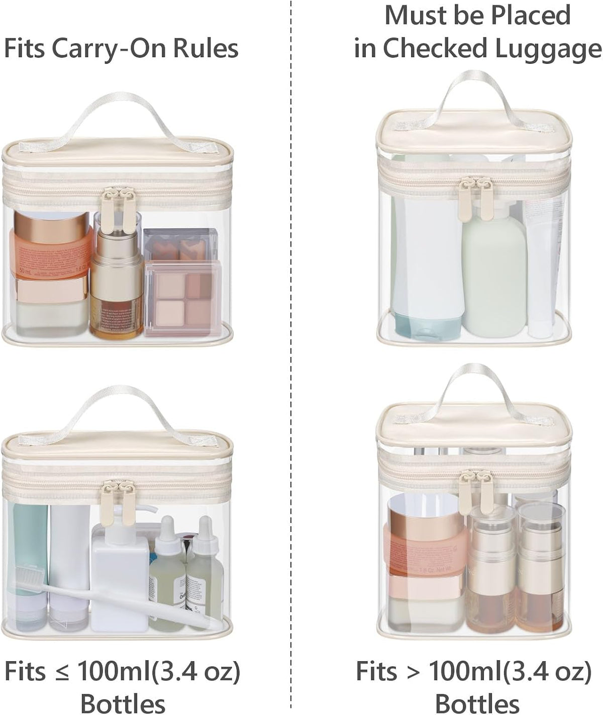 Clear Makeup Bag Travel - TSA Approved Toiletry Bag, 2 Rose Pink | 1 Medium Quart Carry-On & 1 Large Checked-Luggage, Reinforced Seams, Water-resistant, Clear Easy-Check for Airport, Women