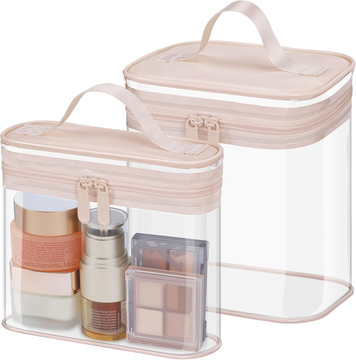 Clear Makeup Bag Travel - TSA Approved Toiletry Bag, 2 Rose Pink | 1 Medium Quart Carry-On & 1 Large Checked-Luggage, Reinforced Seams, Water-resistant, Clear Easy-Check for Airport, Women