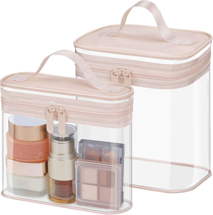 Clear Makeup Bag Travel - TSA Approved Toiletry Bag, 2 Rose Pink | 1 Medium Quart Carry-On & 1 Large Checked-Luggage, Reinforced Seams, Water-resistant, Clear Easy-Check for Airport, Women