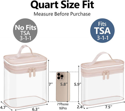 Clear Makeup Bag Travel - TSA Approved Toiletry Bag, 2 Rose Pink | 1 Medium Quart Carry-On & 1 Large Checked-Luggage, Reinforced Seams, Water-resistant, Clear Easy-Check for Airport, Women