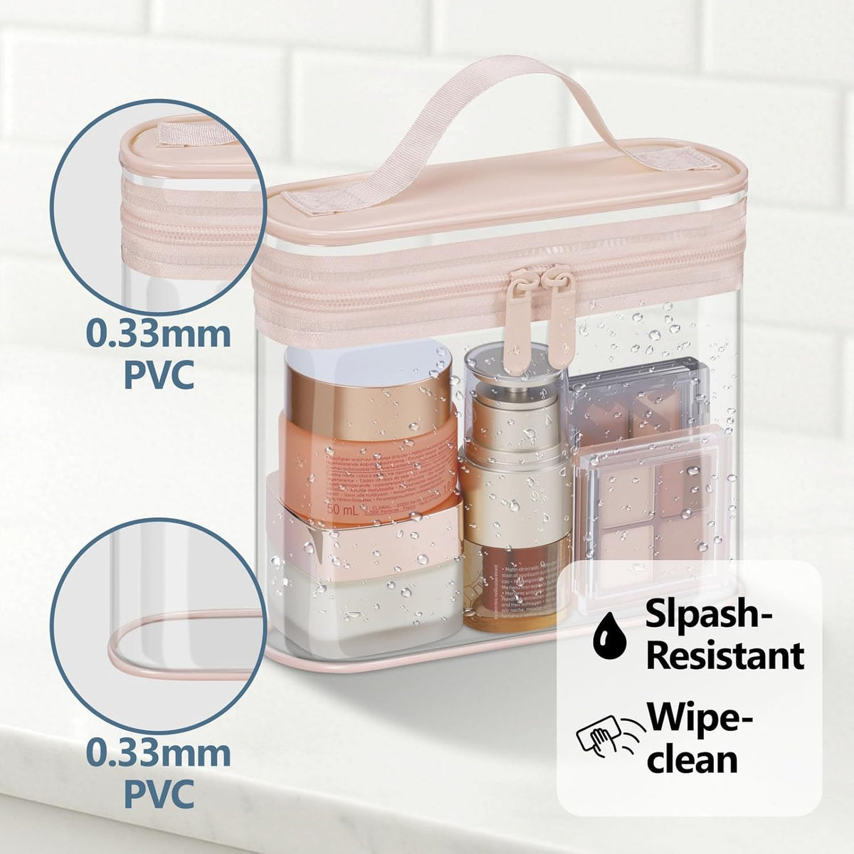 Clear Makeup Bag Travel - TSA Approved Toiletry Bag, 2 Rose Pink | 1 Medium Quart Carry-On & 1 Large Checked-Luggage, Reinforced Seams, Water-resistant, Clear Easy-Check for Airport, Women