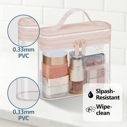 Clear Makeup Bag Travel - TSA Approved Toiletry Bag, 2 Rose Pink | 1 Medium Quart Carry-On & 1 Large Checked-Luggage, Reinforced Seams, Water-resistant, Clear Easy-Check for Airport, Women