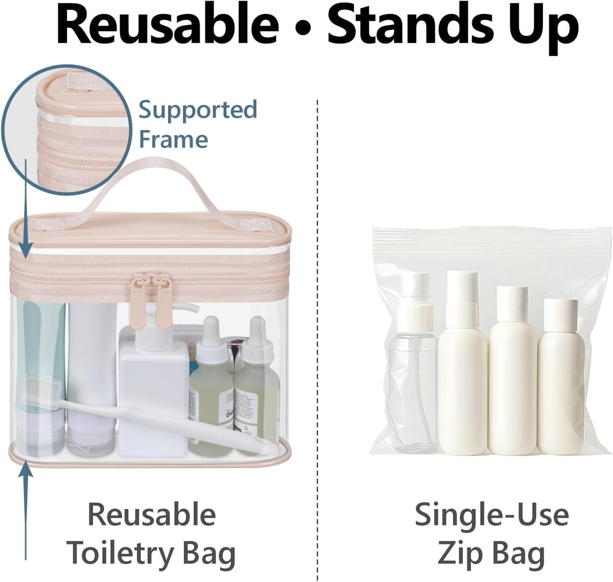 Clear Makeup Bag Travel - TSA Approved Toiletry Bag, 2 Rose Pink | 1 Medium Quart Carry-On & 1 Large Checked-Luggage, Reinforced Seams, Water-resistant, Clear Easy-Check for Airport, Women