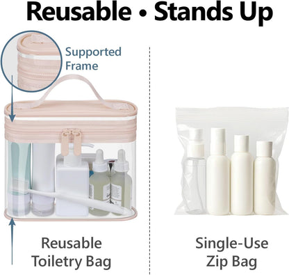 Clear Makeup Bag Travel - TSA Approved Toiletry Bag, 2 Rose Pink | 1 Medium Quart Carry-On & 1 Large Checked-Luggage, Reinforced Seams, Water-resistant, Clear Easy-Check for Airport, Women
