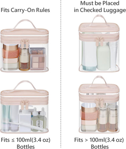 Clear Makeup Bag Travel - TSA Approved Toiletry Bag, 2 Rose Pink | 1 Medium Quart Carry-On & 1 Large Checked-Luggage, Reinforced Seams, Water-resistant, Clear Easy-Check for Airport, Women