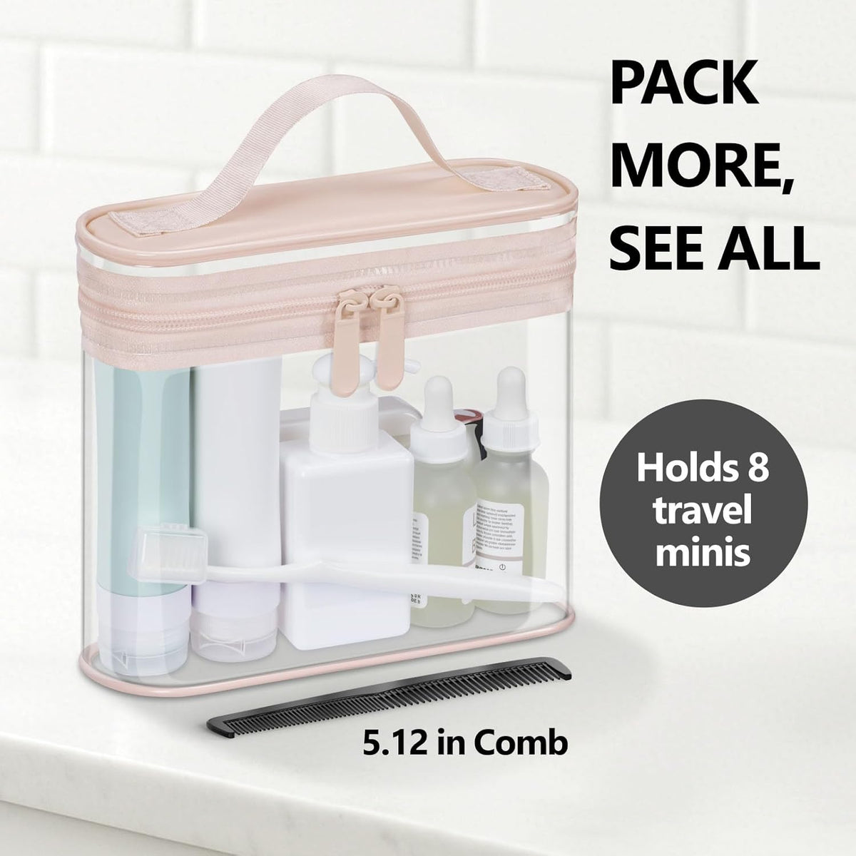 Clear Makeup Bag Travel - TSA Approved Toiletry Bag, 2 Rose Pink | 1 Medium Quart Carry-On & 1 Large Checked-Luggage, Reinforced Seams, Water-resistant, Clear Easy-Check for Airport, Women