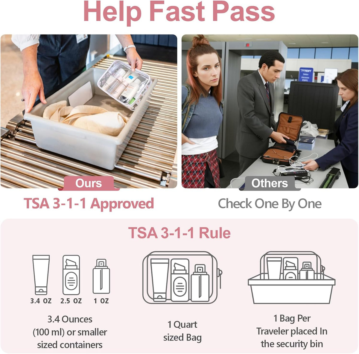 Clear Makeup Bag Travel - TSA Approved Toiletry Bag, 2 Rose Pink | 1 Medium Quart Carry-On & 1 Large Checked-Luggage, Reinforced Seams, Water-resistant, Clear Easy-Check for Airport, Women