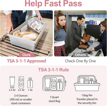 Clear Makeup Bag Travel - TSA Approved Toiletry Bag, 2 Rose Pink | 1 Medium Quart Carry-On & 1 Large Checked-Luggage, Reinforced Seams, Water-resistant, Clear Easy-Check for Airport, Women