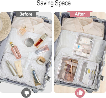 Clear Makeup Bag Travel - TSA Approved Toiletry Bag, 2 Rose Pink | 1 Medium Quart Carry-On & 1 Large Checked-Luggage, Reinforced Seams, Water-resistant, Clear Easy-Check for Airport, Women