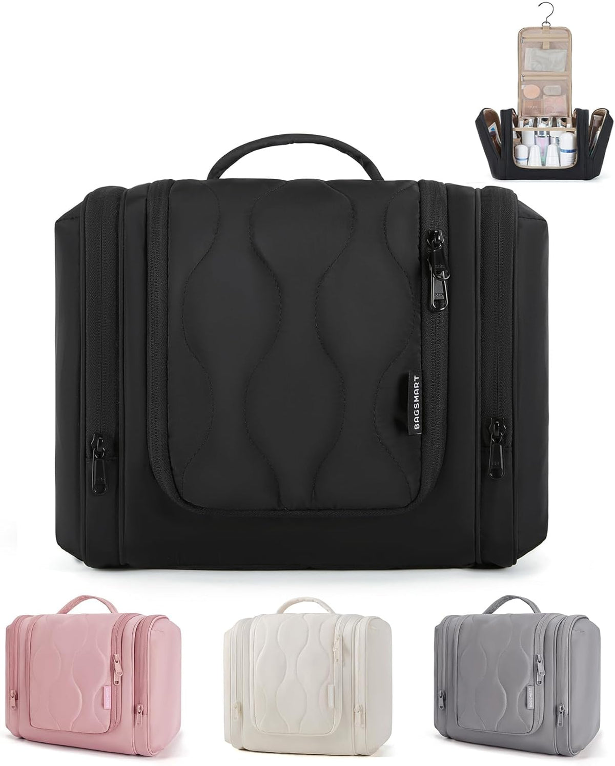 Travel Toiletry Bag for Women, Puffy Hanging Toiletry Bag with Hook, Water-resistant Toiletry Organizer for Full Sized Toiletries, Black