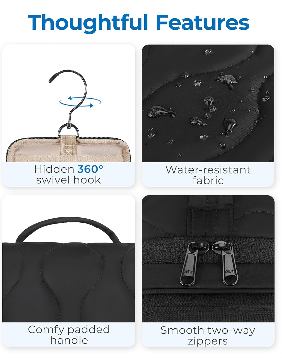 Travel Toiletry Bag for Women, Puffy Hanging Toiletry Bag with Hook, Water-resistant Toiletry Organizer for Full Sized Toiletries, Black