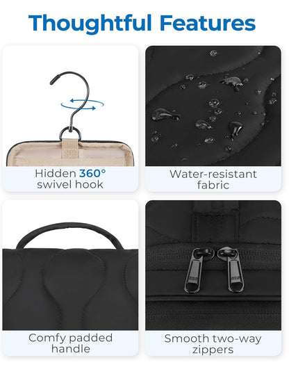 Travel Toiletry Bag for Women, Puffy Hanging Toiletry Bag with Hook, Water-resistant Toiletry Organizer for Full Sized Toiletries, Black