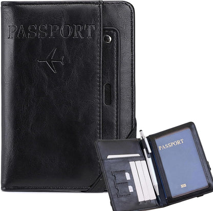 Genuine Leather Passport Holder Cover - RFID Blocking Travel Wallet & Passport Case with Pen Holder, Dual SIM Card Slots & Boarding Pass Pocket for Men & Women,Family Travel Essentials, Retro Style
