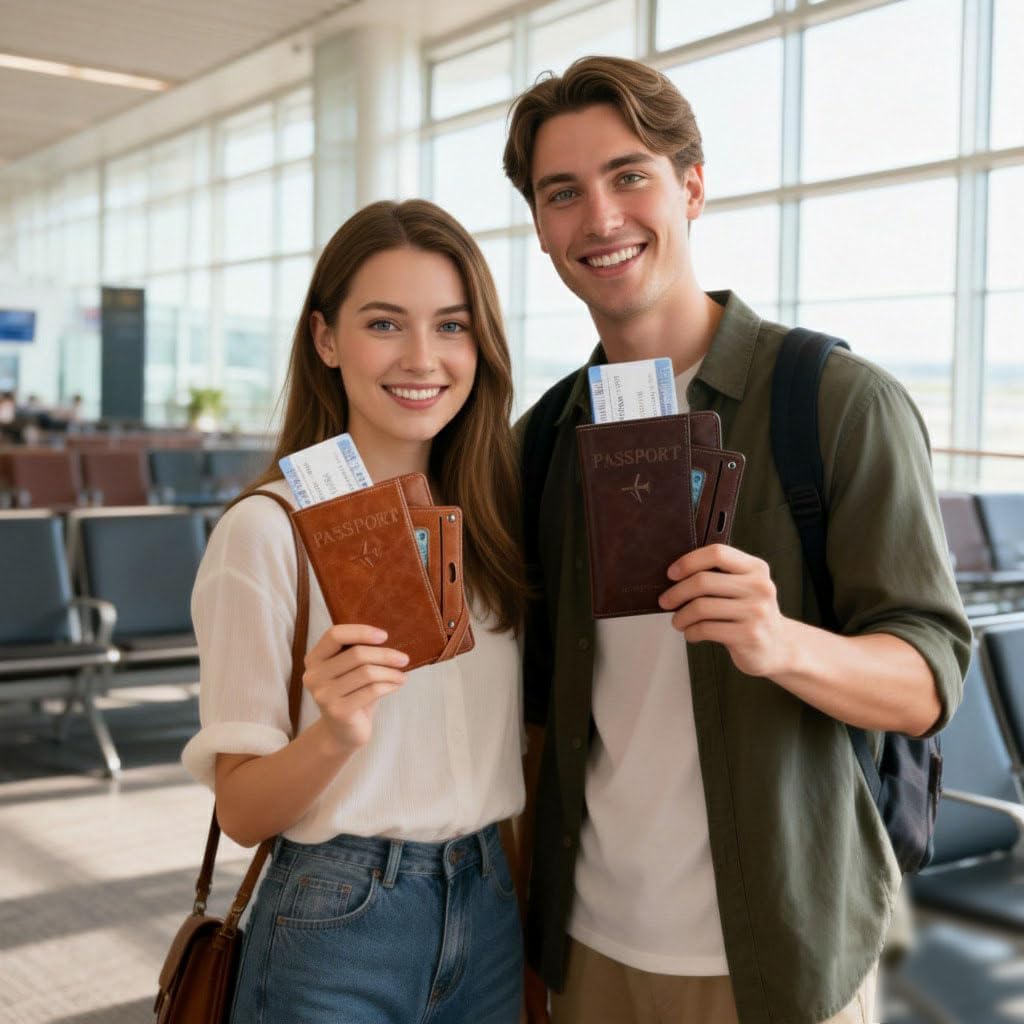Genuine Leather Passport Holder Cover - RFID Blocking Travel Wallet & Passport Case with Pen Holder, Dual SIM Card Slots & Boarding Pass Pocket for Men & Women,Family Travel Essentials, Retro Style