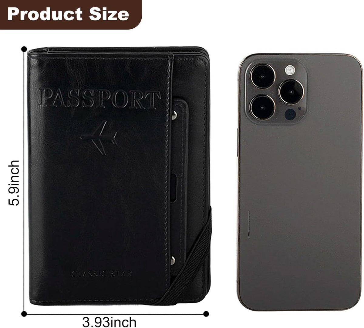 Genuine Leather Passport Holder Cover - RFID Blocking Travel Wallet & Passport Case with Pen Holder, Dual SIM Card Slots & Boarding Pass Pocket for Men & Women,Family Travel Essentials, Retro Style