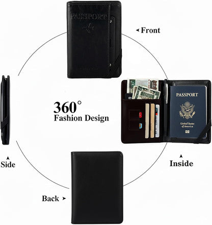 Genuine Leather Passport Holder Cover - RFID Blocking Travel Wallet & Passport Case with Pen Holder, Dual SIM Card Slots & Boarding Pass Pocket for Men & Women,Family Travel Essentials, Retro Style