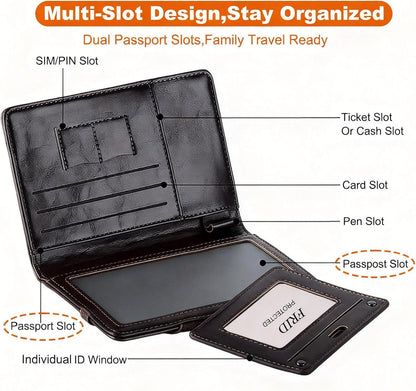 Genuine Leather Passport Holder Cover - RFID Blocking Travel Wallet & Passport Case with Pen Holder, Dual SIM Card Slots & Boarding Pass Pocket for Men & Women,Family Travel Essentials, Retro Style