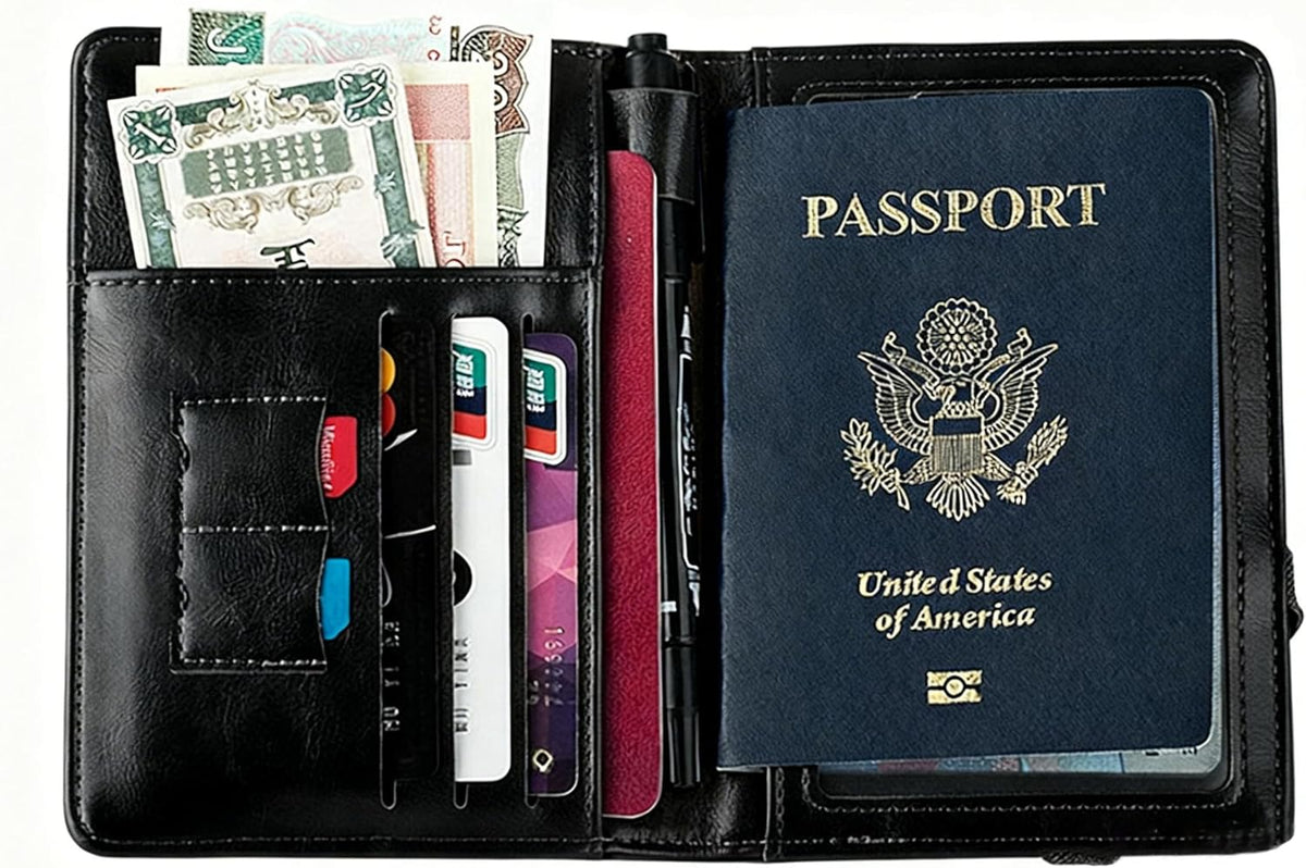 Genuine Leather Passport Holder Cover - RFID Blocking Travel Wallet & Passport Case with Pen Holder, Dual SIM Card Slots & Boarding Pass Pocket for Men & Women,Family Travel Essentials, Retro Style