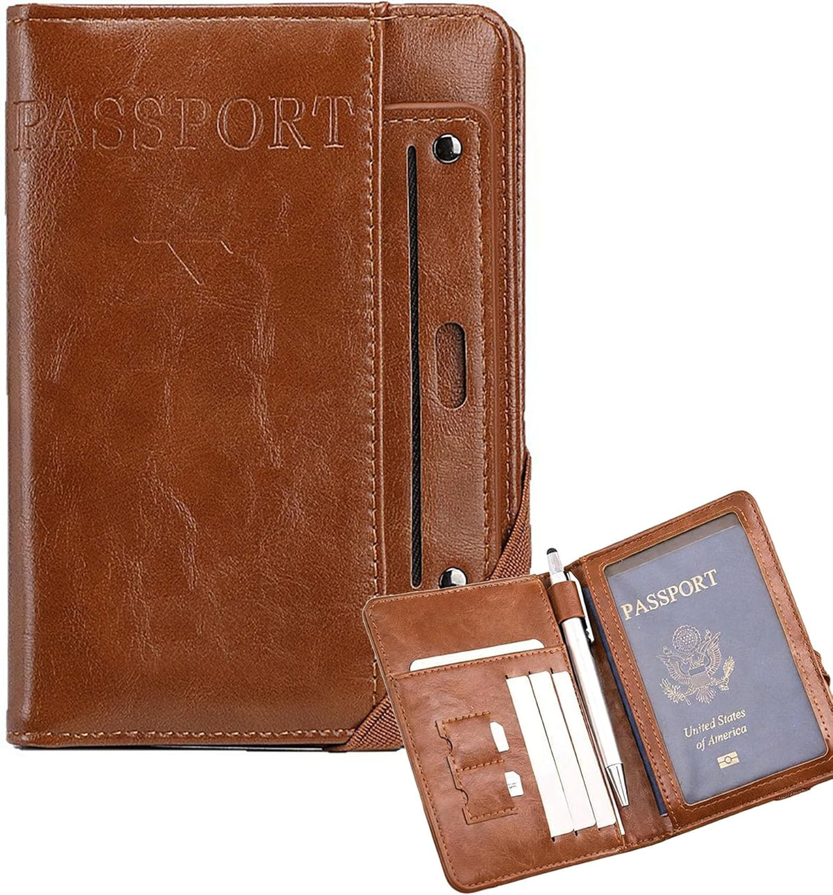 Genuine Leather Passport Holder Cover - RFID Blocking Travel Wallet & Passport Case with Pen Holder, Dual SIM Card Slots & Boarding Pass Pocket for Men & Women,Family Travel Essentials, Retro Style