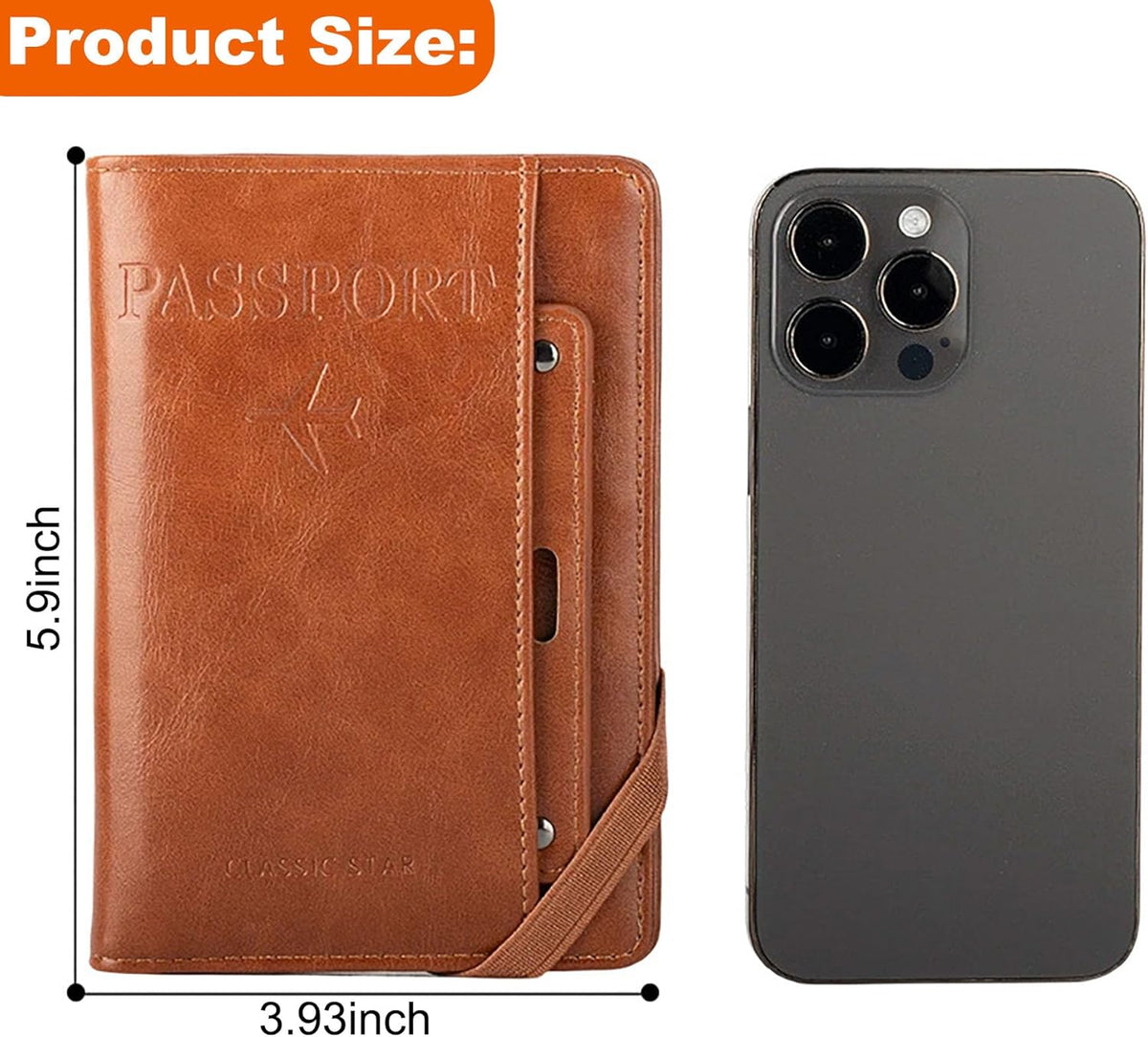 Genuine Leather Passport Holder Cover - RFID Blocking Travel Wallet & Passport Case with Pen Holder, Dual SIM Card Slots & Boarding Pass Pocket for Men & Women,Family Travel Essentials, Retro Style