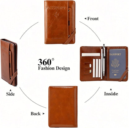 Genuine Leather Passport Holder Cover - RFID Blocking Travel Wallet & Passport Case with Pen Holder, Dual SIM Card Slots & Boarding Pass Pocket for Men & Women,Family Travel Essentials, Retro Style