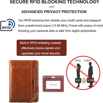 Genuine Leather Passport Holder Cover - RFID Blocking Travel Wallet & Passport Case with Pen Holder, Dual SIM Card Slots & Boarding Pass Pocket for Men & Women,Family Travel Essentials, Retro Style