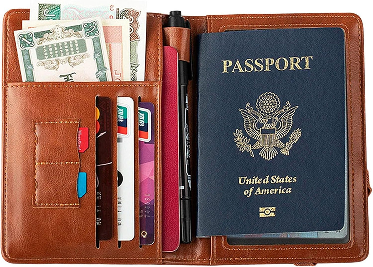 Genuine Leather Passport Holder Cover - RFID Blocking Travel Wallet & Passport Case with Pen Holder, Dual SIM Card Slots & Boarding Pass Pocket for Men & Women,Family Travel Essentials, Retro Style