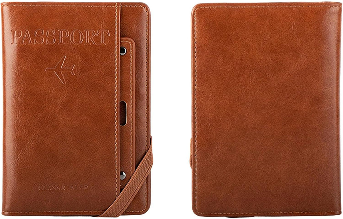 Genuine Leather Passport Holder Cover - RFID Blocking Travel Wallet & Passport Case with Pen Holder, Dual SIM Card Slots & Boarding Pass Pocket for Men & Women,Family Travel Essentials, Retro Style
