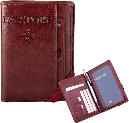 Genuine Leather Passport Holder Cover - RFID Blocking Travel Wallet & Passport Case with Pen Holder, Dual SIM Card Slots & Boarding Pass Pocket for Men & Women,Family Travel Essentials, Retro Style
