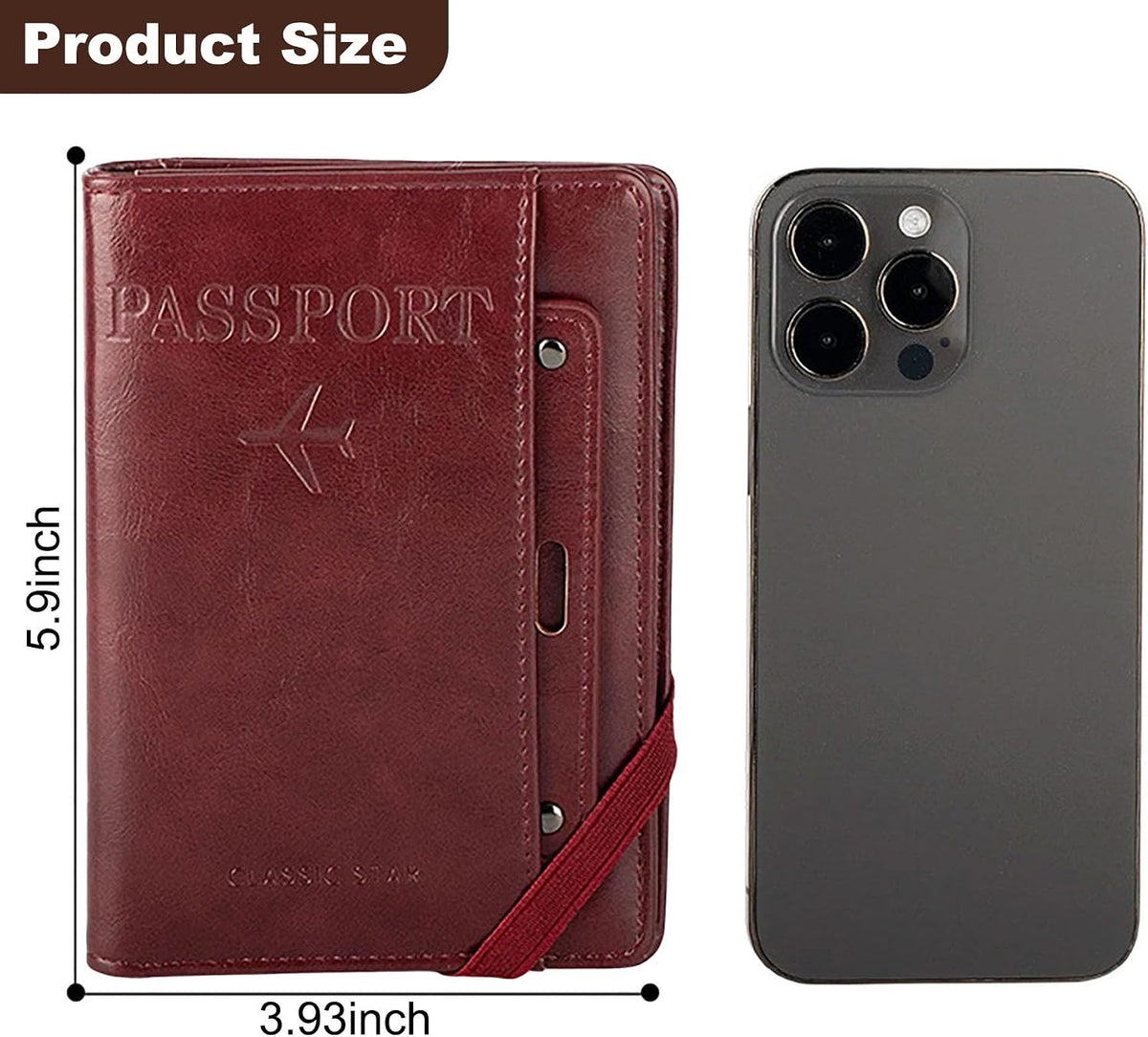Genuine Leather Passport Holder Cover - RFID Blocking Travel Wallet & Passport Case with Pen Holder, Dual SIM Card Slots & Boarding Pass Pocket for Men & Women,Family Travel Essentials, Retro Style