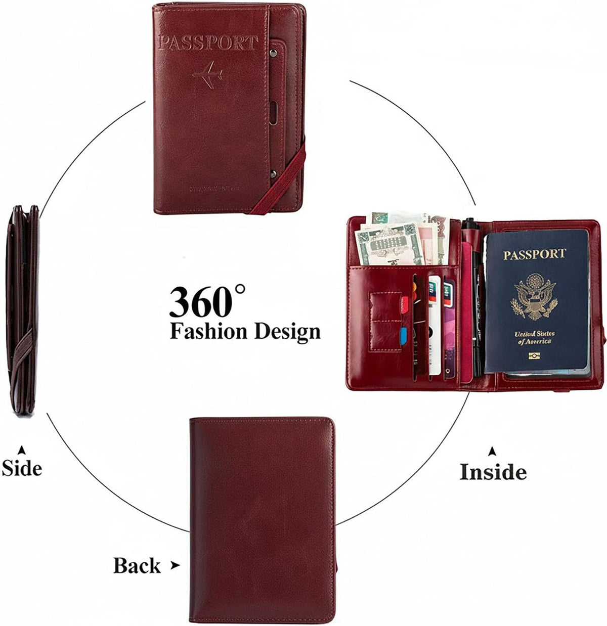 Genuine Leather Passport Holder Cover - RFID Blocking Travel Wallet & Passport Case with Pen Holder, Dual SIM Card Slots & Boarding Pass Pocket for Men & Women,Family Travel Essentials, Retro Style