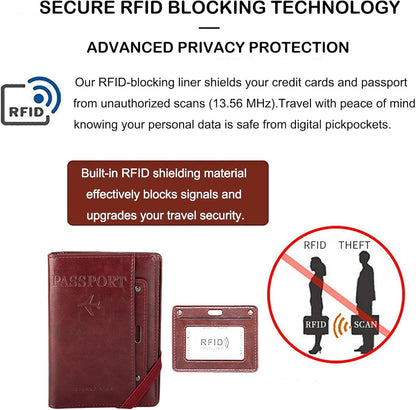 Genuine Leather Passport Holder Cover - RFID Blocking Travel Wallet & Passport Case with Pen Holder, Dual SIM Card Slots & Boarding Pass Pocket for Men & Women,Family Travel Essentials, Retro Style