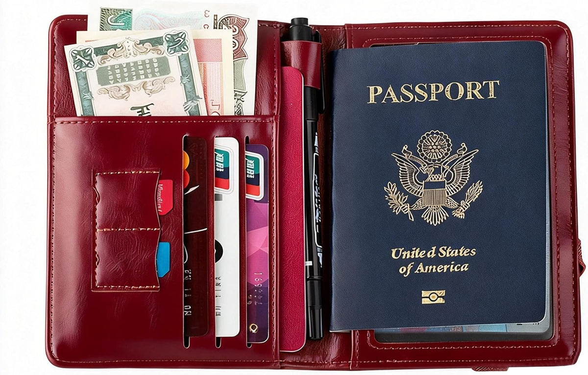 Genuine Leather Passport Holder Cover - RFID Blocking Travel Wallet & Passport Case with Pen Holder, Dual SIM Card Slots & Boarding Pass Pocket for Men & Women,Family Travel Essentials, Retro Style