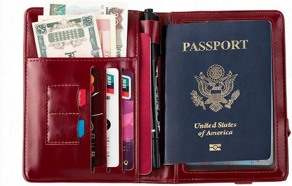 Genuine Leather Passport Holder Cover - RFID Blocking Travel Wallet & Passport Case with Pen Holder, Dual SIM Card Slots & Boarding Pass Pocket for Men & Women,Family Travel Essentials, Retro Style